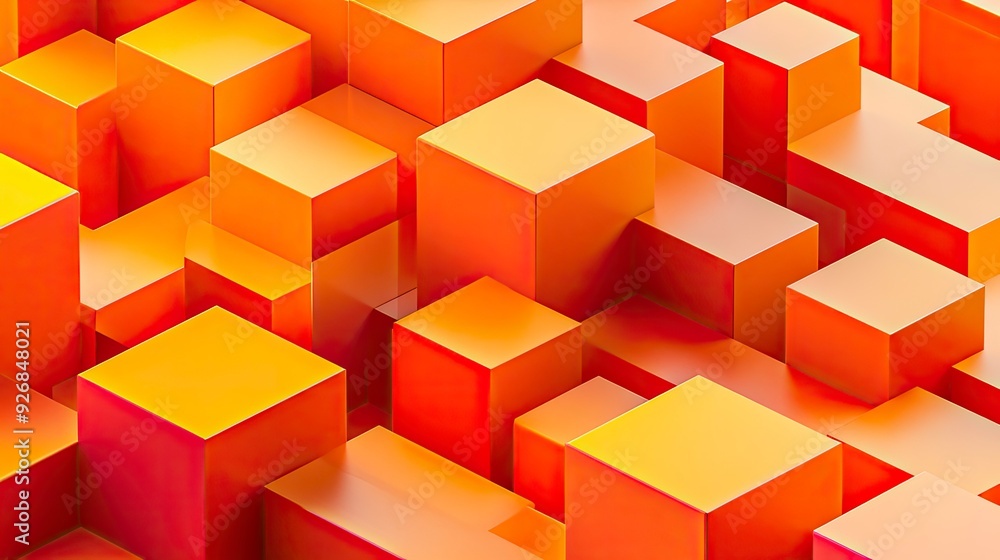 Poster isometric grid, cubes in warm tones of orange and red, creating a 3d pattern, soft ambient lighting