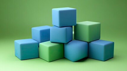 Fototapeta premium Isometric cubes, stacked in cool tones of blue and green, creating a 3D effect, bright ambient lighting
