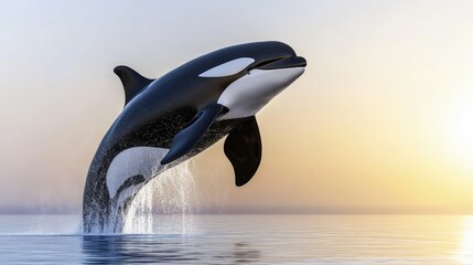 Fototapeta premium Powerful orca, breaching the surface of the ocean, with water spraying all around, bright sunlight