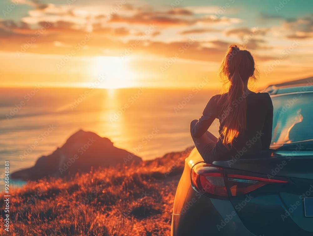 Canvas Prints woman by car overlooking sunset sense of freedom and adventure on coastal road