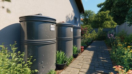 Obraz premium Rainwater harvesting system, large barrels collecting water from the roof of a house, in a garden setting, soft natural light