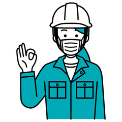 マスクを付けてOKサインをする作業員の女性