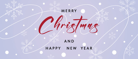 Merry Christmas and Happy New Year greeting card or banner with snowflakes and snow.