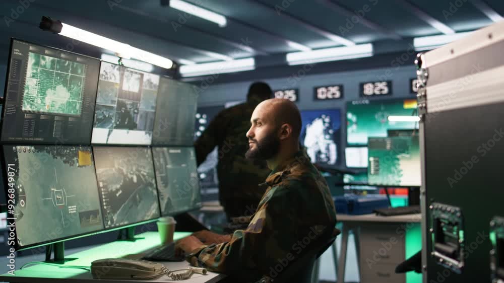 Poster special forces professional in military hq base gathering information on enemy troops. officer using