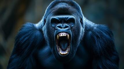 Obraz premium Large or big silverback black gorilla, angry powerful animal roaring in jungle wildlife nature. Strong beast screaming, aggressive, teeth