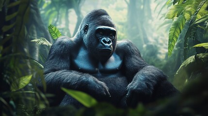 A powerful and majestic gorilla sitting in the lush jungle , animal, wildlife, mammal, zoo, aggressive, nature