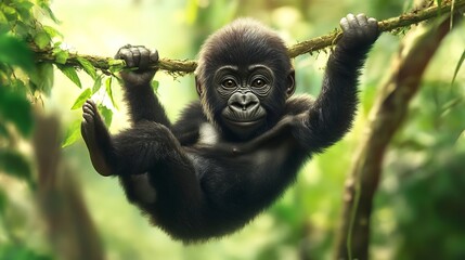Obraz premium A playful baby gorilla swinging from a vine in the jungle. 