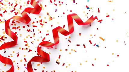 Obraz premium Red ribbon and confetti on white background.
