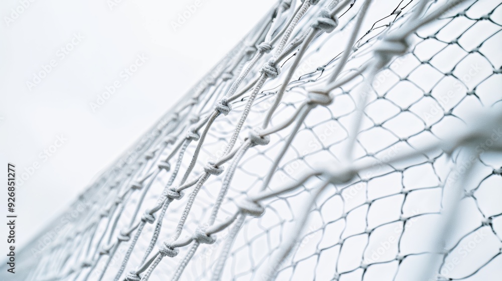 Poster intricate white rope net with blurred background, showcasing intricate knots and patterns