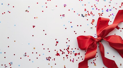 Red ribbon and confetti on white background.