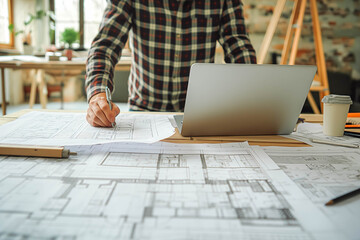 Architecture engineer working with blueprints and laptop in office. Inspection in workplace for architectural plan.