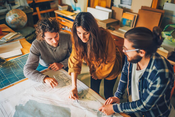 Artists collaborating with architect on creative studio design.