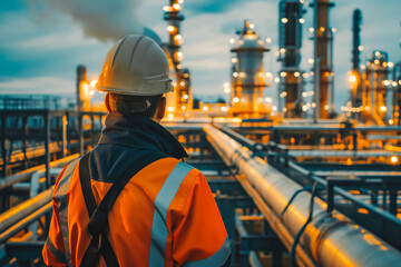 Fototapeta premium Back view of engineer wearing safety clothes and hardhat at Pipeline and pipe rack of petroleum, chemical, hydrogen industrial plant. Industrial zone ...