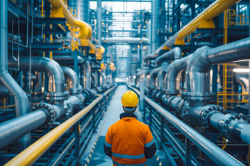 Fototapeta premium Back view of engineer wearing safety clothes and hardhat at Pipeline and pipe rack of petroleum, chemical, hydrogen industrial plant. Industrial zone ...