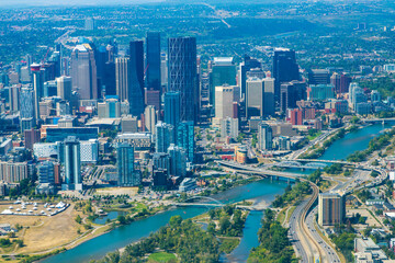 Bird's Eye Aerial View of Calgary Downtown From an Airplane
