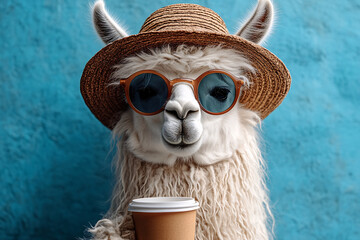 A llama wearing a hat and sunglasses holding a cup of coffee, a quirky and stylish image perfect for social media and travel promotions.