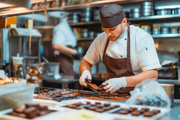 Fototapeta premium Chef creating artisanal chocolate in a small boutique kitchen.