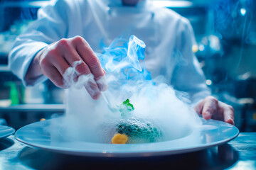 Chef preparing a gourmet dish using molecular gastronomy techniques.