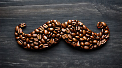 Image of a hipster mustache made from a variety of coffee beans. Dark wood background