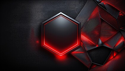 Abstract black hexagonal frame with a red neon outline on a Black Geometric Background