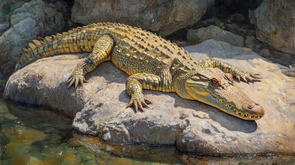 Obraz premium Crocodile Sunbathing on Rocks