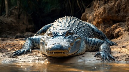 Obraz premium Large Crocodile Crocodylidae also true crocodiles is a large semiaquatic reptiles lying on a river bank in Africa 