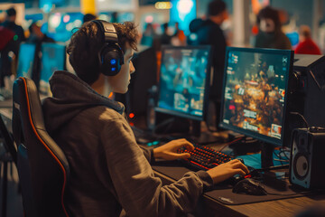 Obraz premium Competitive gamer participating in an eSports tournament.