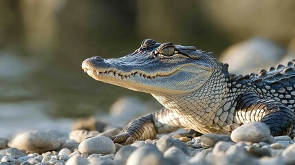 Fototapeta premium A close-up of a young crocodile basking in the sun on a pebbled shoreline