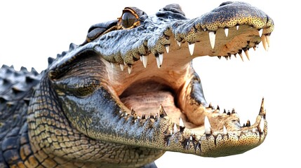 Obraz premium American crocodile with a wide open mouth and sharp teeth, against a white background