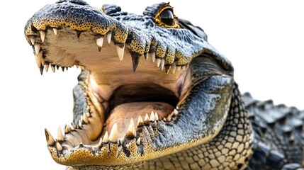 Fototapeta premium American crocodile with a wide open mouth and sharp teeth, against a white background
