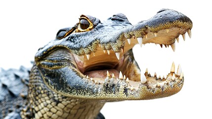American crocodile with a wide open mouth and sharp teeth, against a white background