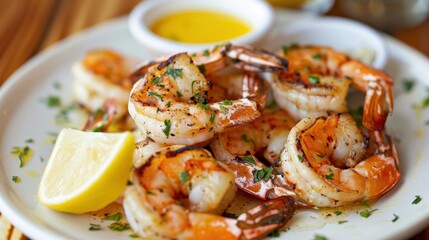 A plate of grilled shrimp, served with a side of garlic butter and lemon wedges.