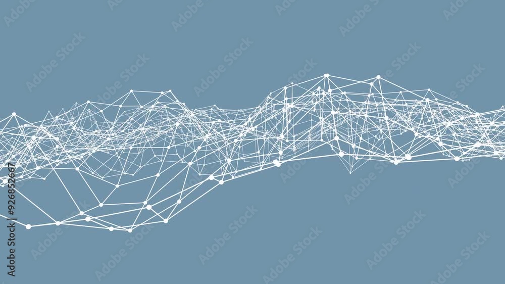 Poster looping animation of a white mesh structure flowing in waves on a blue background.