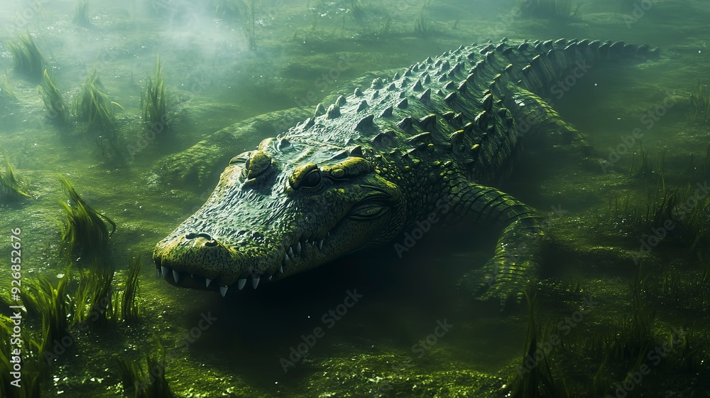 Wall mural Crocodile gliding stealthily through murky waters, a master of camouflage and patience in the hunt 