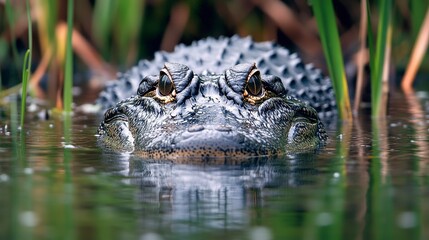 Fototapeta premium In the wetlands, an alligator glides silently through the water, its eyes and snout barely visible above the surface.