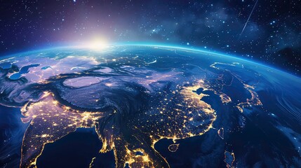 Obraz premium A view of Earth from space, showcasing the glowing lights of cities and the vast expanse of the night sky.