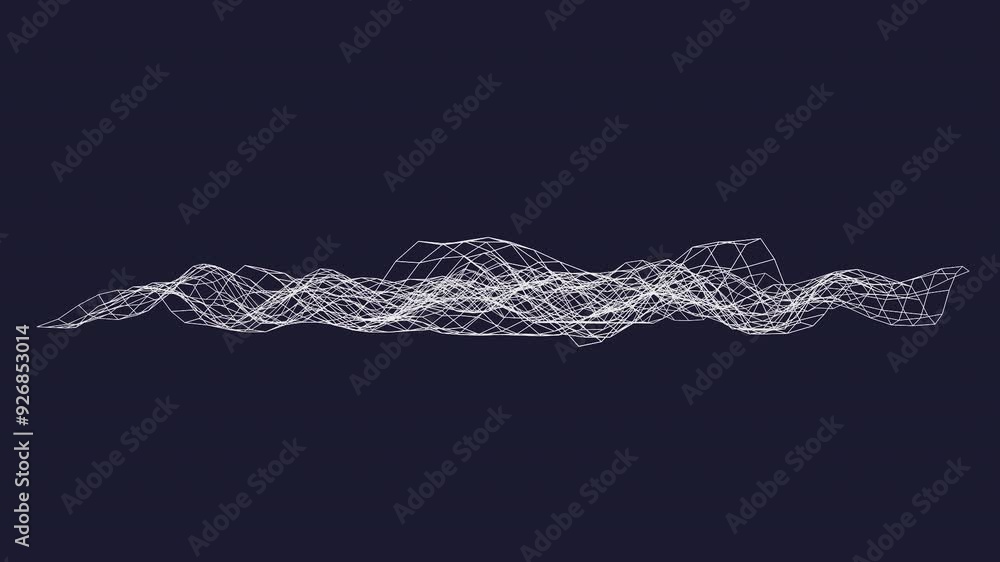 Poster looping animation of a white mesh structure in wave motion on a dark navy blue background.