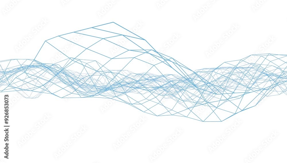 Poster looping animation of a blue mesh structure flowing in smooth, wave-like patterns against a white bac