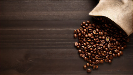 Coffee Beans Spill Out From Packaging Isolated On dark wood background