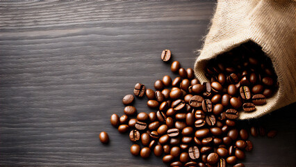 Coffee Beans Spill Out From Packaging Isolated On dark wood background