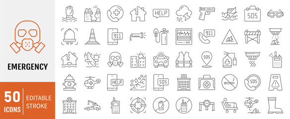 Emergency line icon set. Containing ambulance, lifebuoy, first aid, police, medical, hospital and SOS icons. Vector Illustration