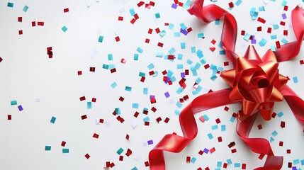 Red ribbon with bow and colorful confetti on white background.