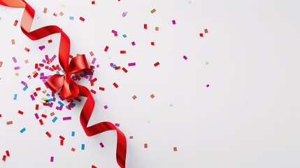 Red ribbon with bow and confetti on white background.