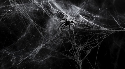 Real creepy spider webs silhouette isolated on black banner panorama - Halloween background template