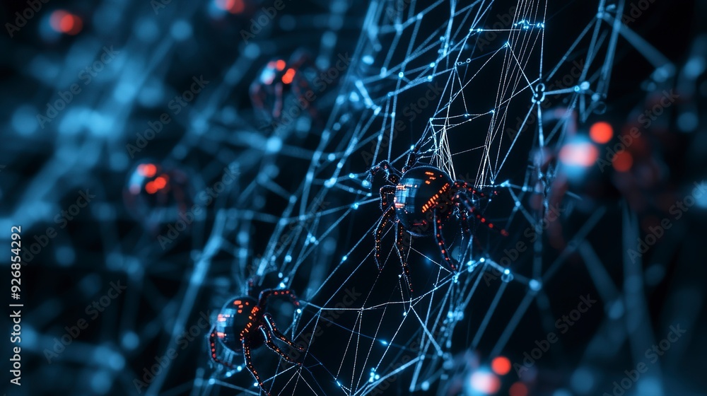 Poster digital spider web with cyber microchip spiders on a data mesh.