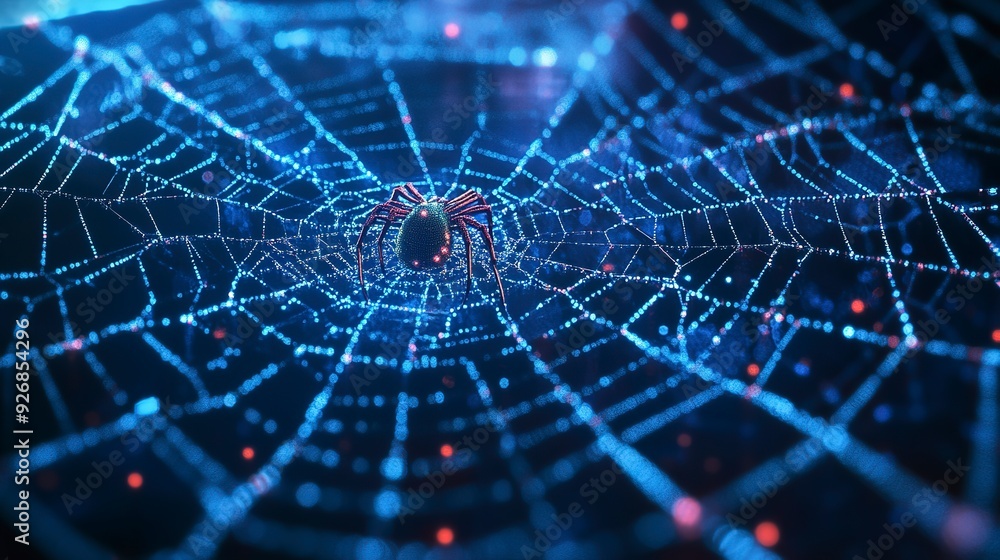 Poster digital spider web with cyber microchip spiders on a data mesh.