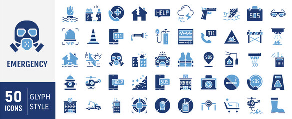 Emergency icon set. Containing ambulance, lifebuoy, first aid, police, medical, hospital and SOS icons. Solid icon collection.