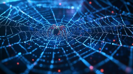 Obraz premium Digital spider web with cyber microchip spiders on a data mesh.