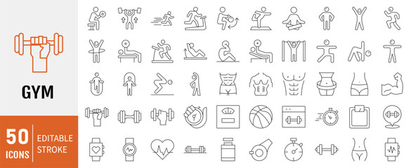 Gym and fitness line icon set. Containing healthy lifestyle, weight training, body care and workout icons.