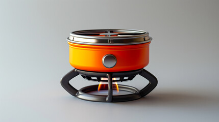 A modern, compact camping stove in orange with a sleek design, featuring a robust stand and a burner on top, ideal for outdoor cooking and adventure trips.